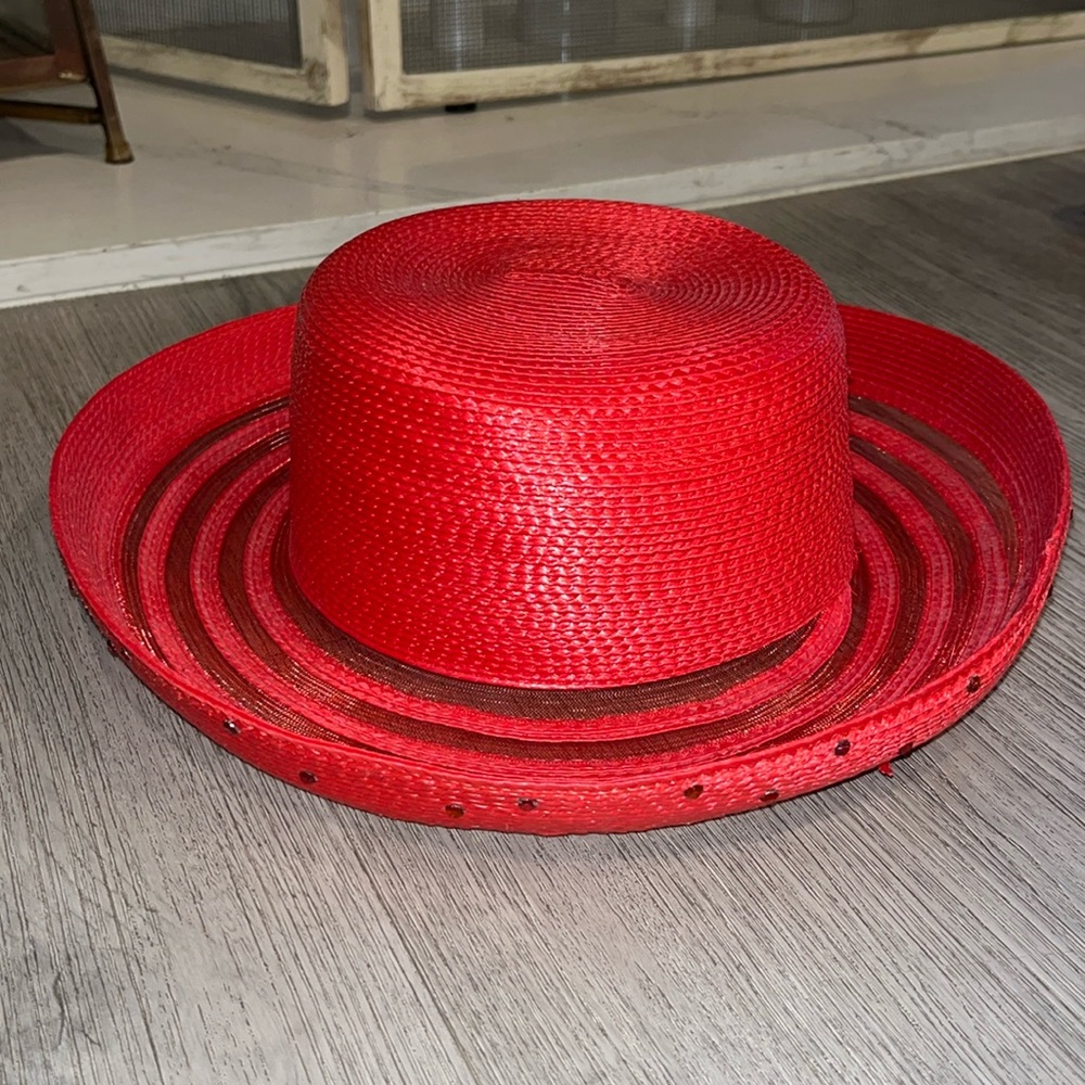 Red Straw brim hat with rhinestones.